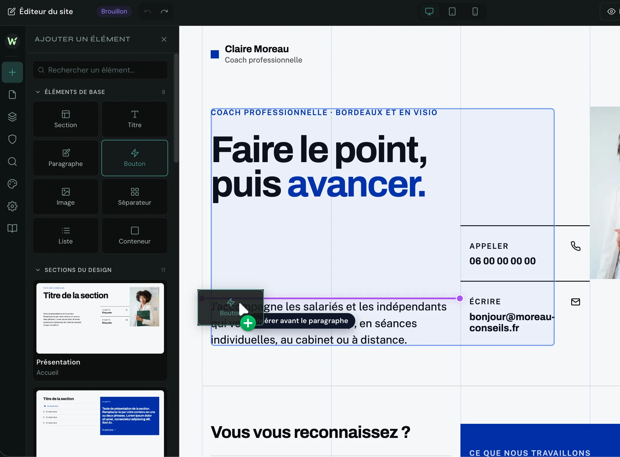 Capture de l'éditeur Wethiko : bibliothèque d'éléments à gauche et aperçu du site en cours de modification