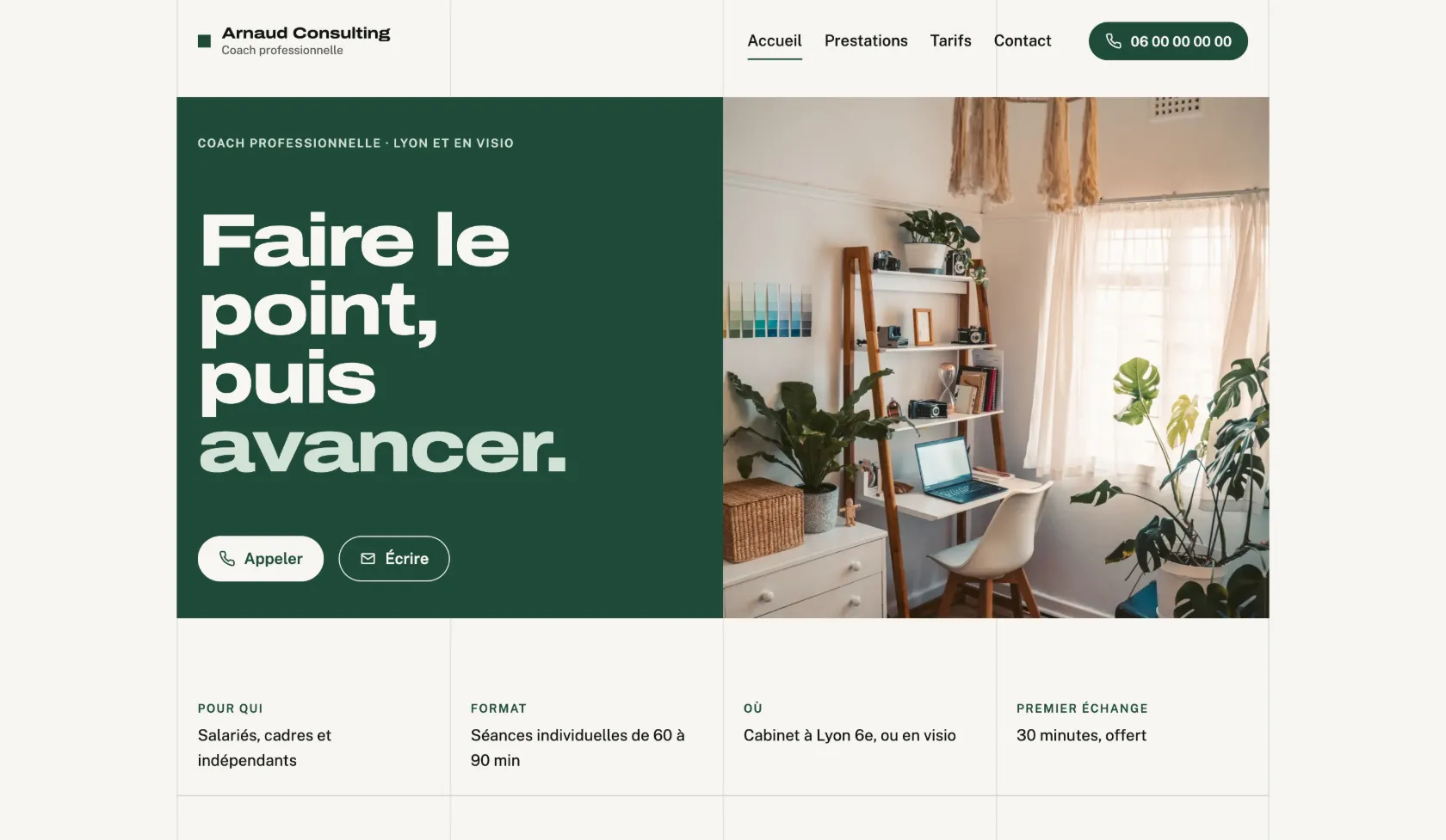 Exemple de site réalisé avec Wethiko pour une coach professionnelle, en cours de modification dans l'éditeur