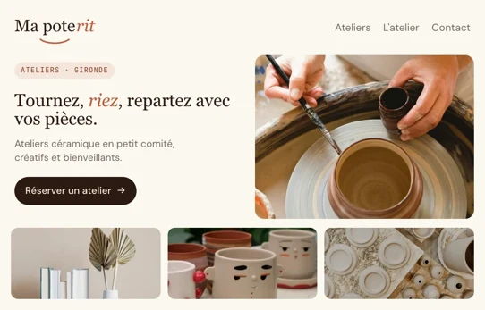 Aperçu d'un site client Wethiko : Ma poterit, ateliers céramique en Gironde